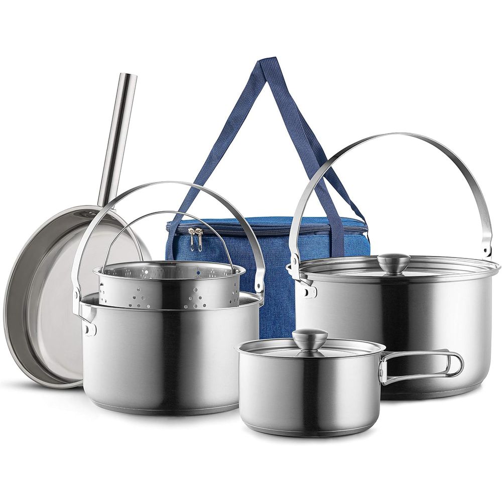 Camping Cooking Open Fire - キャンプ用調理器具セット 304ステンレス鋼 8点セット 鍋＆フライパン 火直火調理キット |