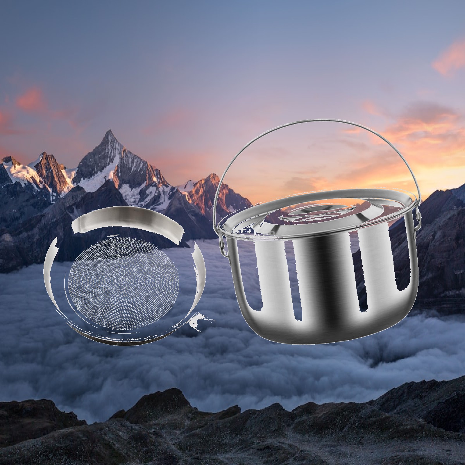 Camping Cooking Oil Container - オイル保存容器 ハンドル付きキャンプポット 蓋とストレーナー付き多用途調理器具 丸型屋外屋内用グリースセーバー