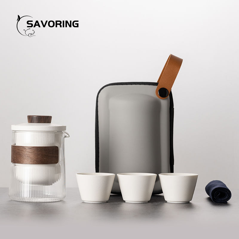 Camping Cooking Bag - シンプルな中国製陶磁器茶器セット、ポット1個、カップ3個、バッグ付き、旅行用茶器セット、キャンプ用磁器茶碗、茶道用蓋碗カップツール