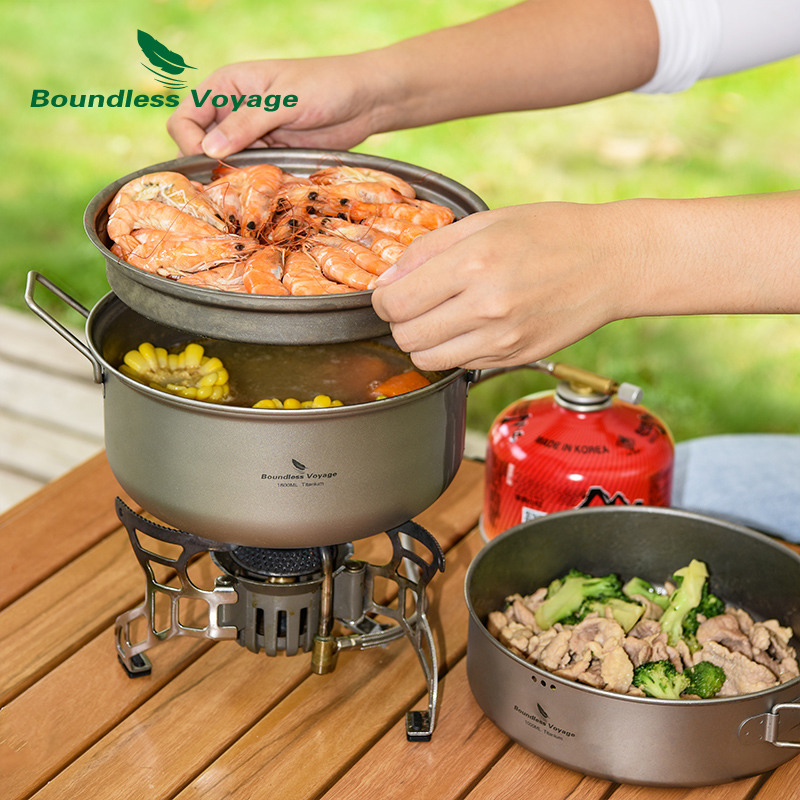 Camping Cooking Frying Pan - Boundless Voyage チタン蒸し器ストックポット フライパンセット付き 超軽量 アウトドアクッキングポット