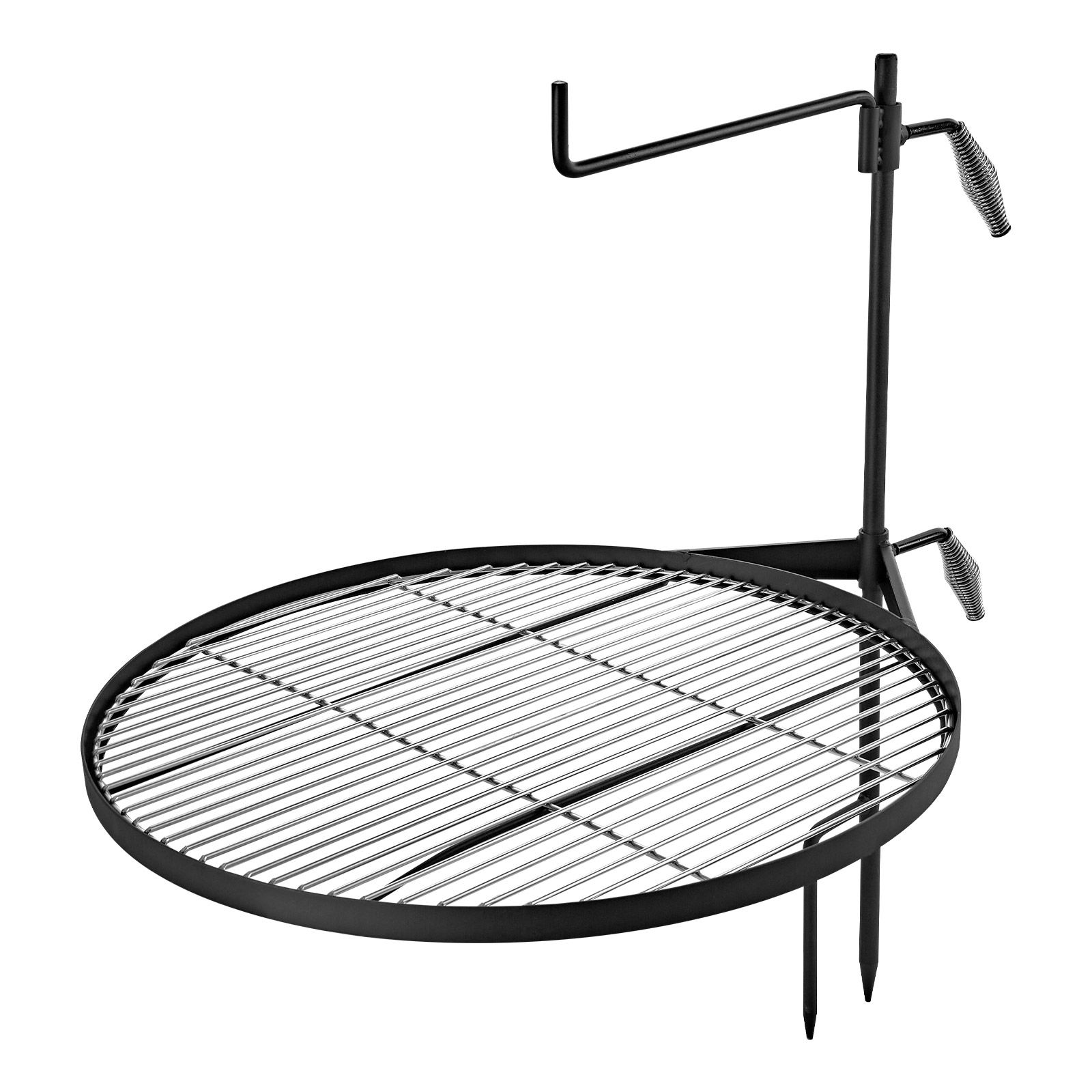 Camping Cooking Open Fire - 頑丈な回転式キャンプファイヤーグリル、24.4インチ丸型ポータブルキャンプグリル網、頑丈なスチール製BBQメッシュ、360度回転 ° 高さ調節可能な焚き火台、サポートロッド付き、屋外の直火調理用、ブラック