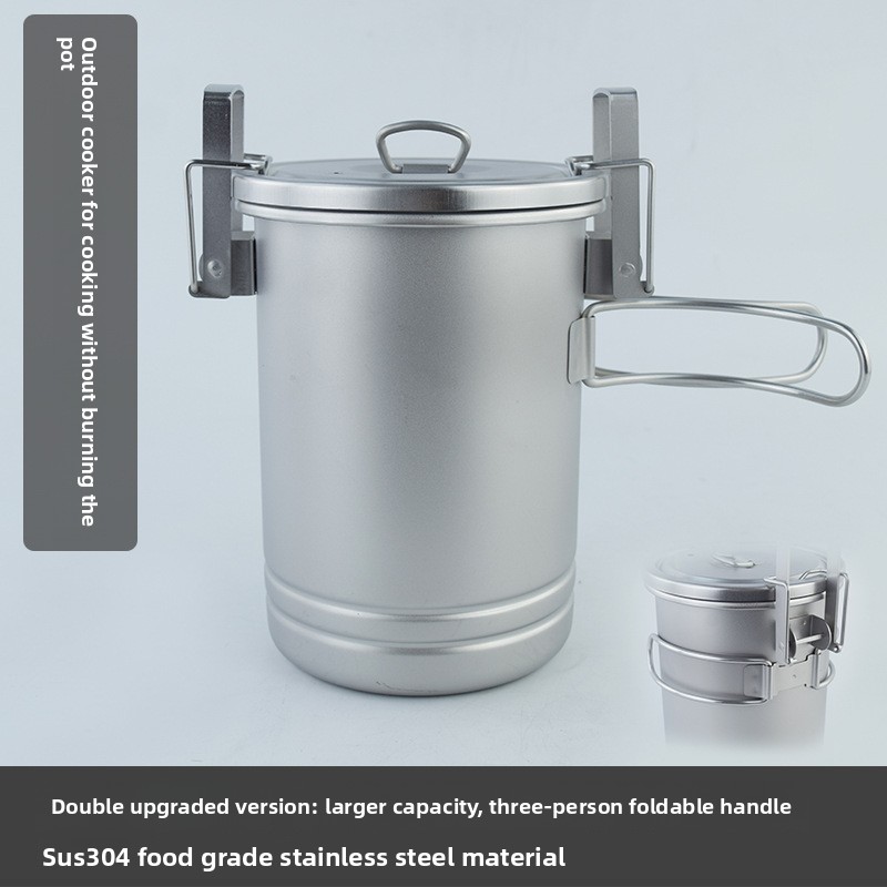 Camping Cooking Pot - 多機能キャンプ用炊飯鍋 304ステンレス鋼製 吊り下げ式シチューポット 取り外し可能な蒸し器付き キャンプファイヤー RV