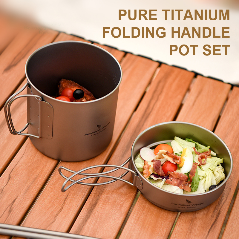 Camping Cooking Frying Pan - 純チタン折りたたみハンドルポットセット、超軽量ポータブル、アウトドアキャンプ、ピクニック、旅行、フライパン、調理器具