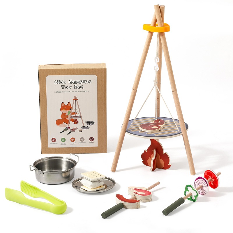 Camping Cooking With Kids - 木製キッズキャンプバーベキュートイセット キャンプファイヤークッキングプレイセット 三脚グリル付き モンテッソーリロールプレイングキッチン 誕生日プレゼント