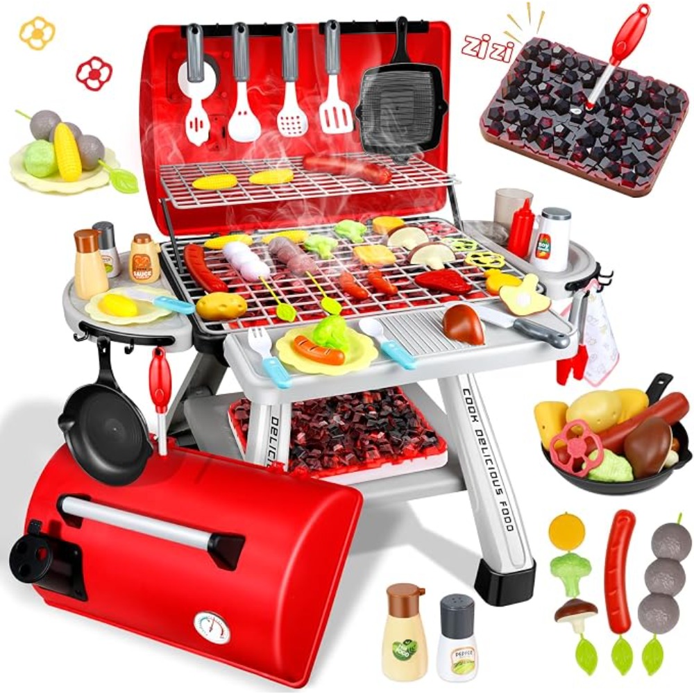 Camping Cooking With Kids - バーベキューグリルおもちゃセット子供用バーベキューごっこ遊びキッチンプレイセット煙音ライトシミュレーションキャンプ調理食品おもちゃギフト