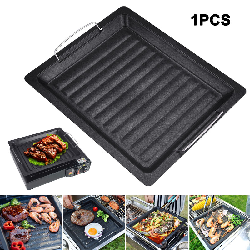 Camping Cooking Frying Pan - 屋外用厚い四角グリルパン 2つのハンドル付き ポータブルノンスティックグリルパン ベーキングトレイ 外出用 バーベキュー