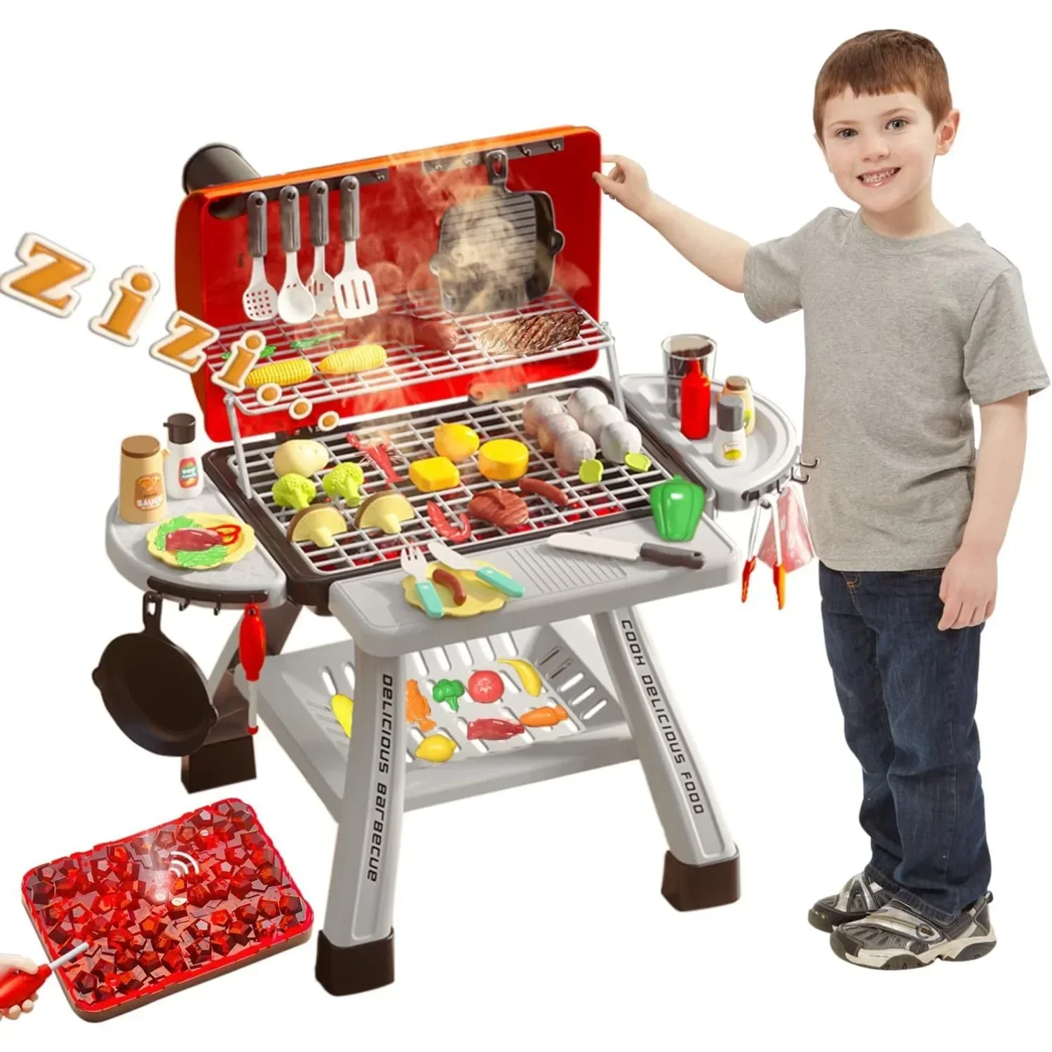 Camping Cooking With Kids - バーベキューグリルおもちゃセット子供用バーベキューごっこ遊びキッチンプレイセット煙音ライトシミュレーションキャンプ調理食品おもちゃギフト