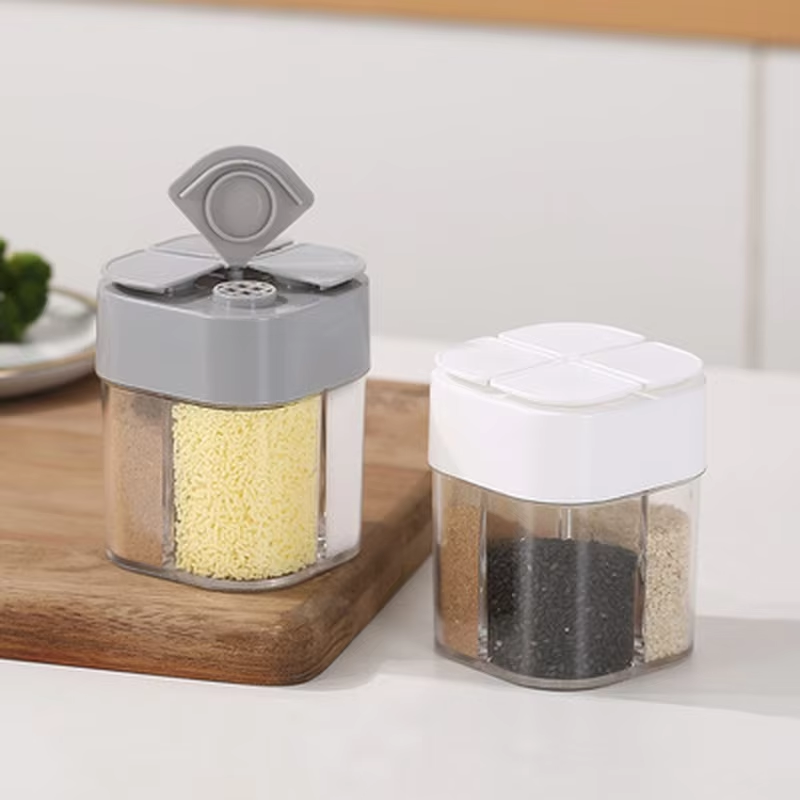 Camping Cooking Box - 4 in 1 プラスチック製ディスペンサー付きキャンプ用スパイス容器、密閉蓋付き、調味料シェイカー、旅行用キャンプ用スパイスキット（調理用）
