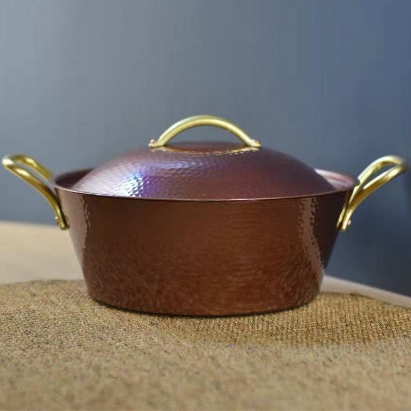 Camping Cooking Pot - 手作りのヴィンテージ銅鍋、蓋付きキャンプ用厚手鍋、調理器具、パスタの煮込み、煮込み料理、24.5cmハンマーテクスチャ鍋