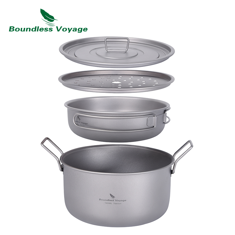 Camping Cooking Frying Pan - 無限の航海-多機能調理鍋、チタン蒸し器、スープ鍋、蓋付きフライパンセット、屋外混乱キット、キャンプ、ti2057c