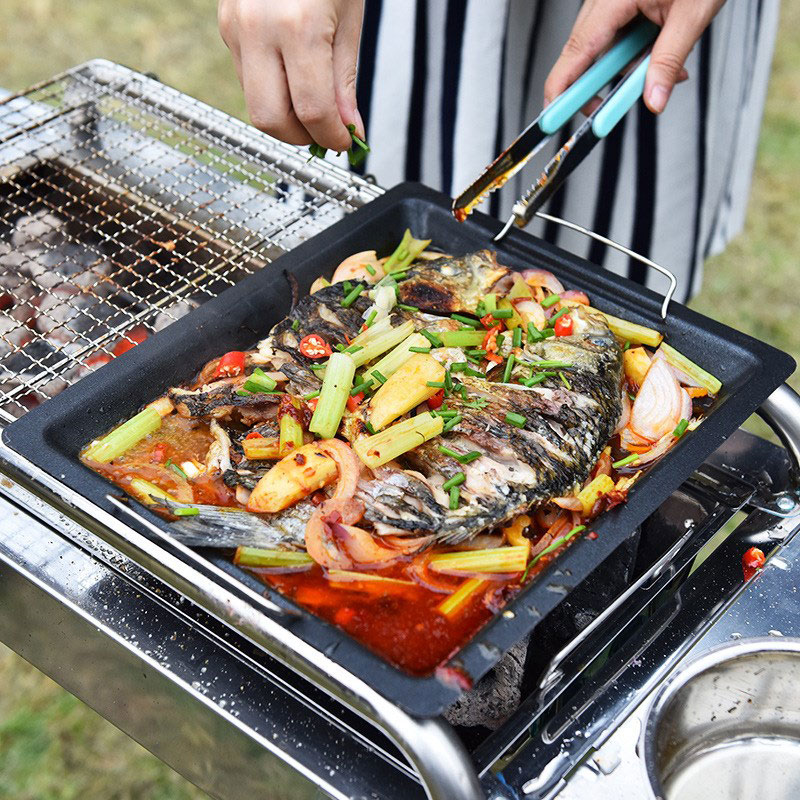 屋外用厚い四角グリルパン 2つのハンドル付き ポータブルノン - Camping Cooking Frying Pan のレビューと価格