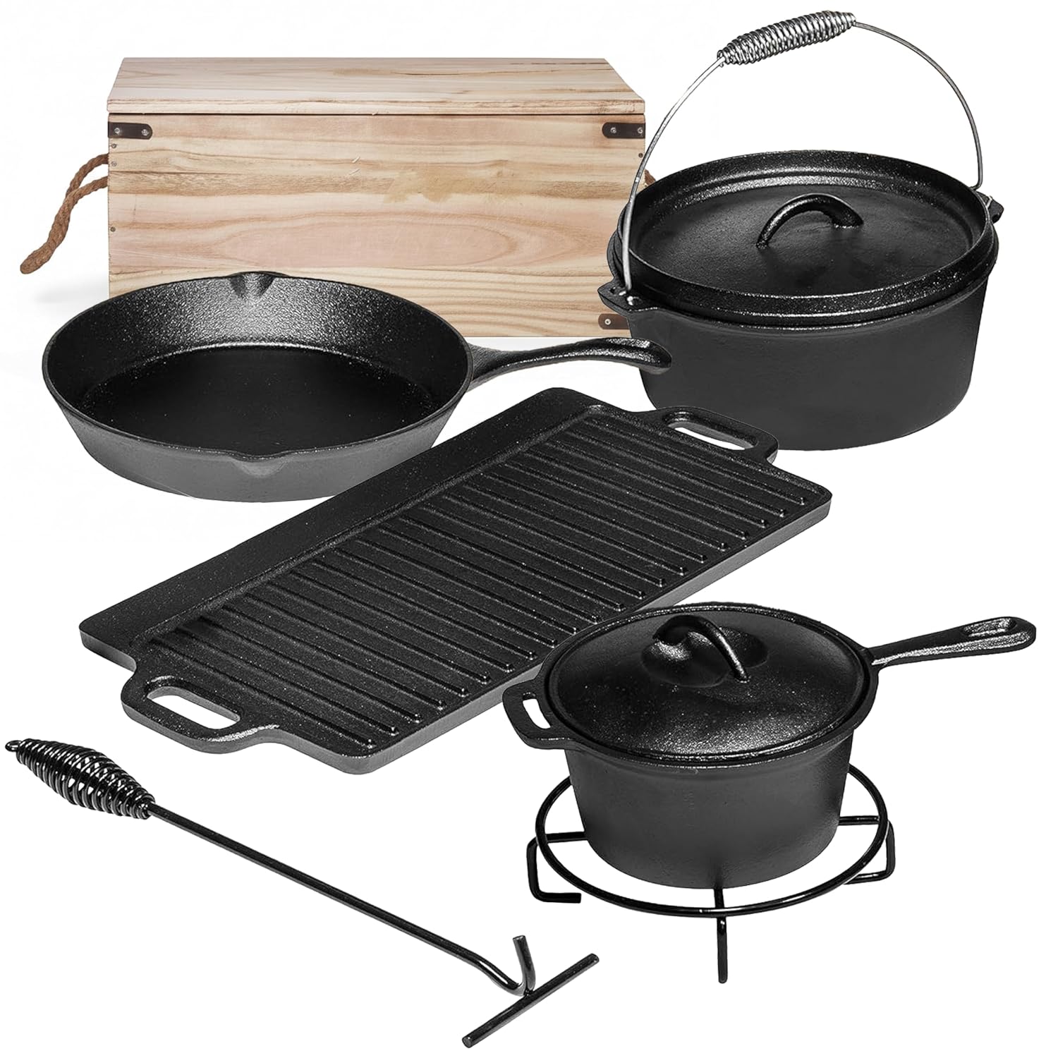 キャンプ用調理器具7点セット。 プレシーズン加工済みの鋳鉄製 - Camping Cooking Dutch Oven のレビューと価格