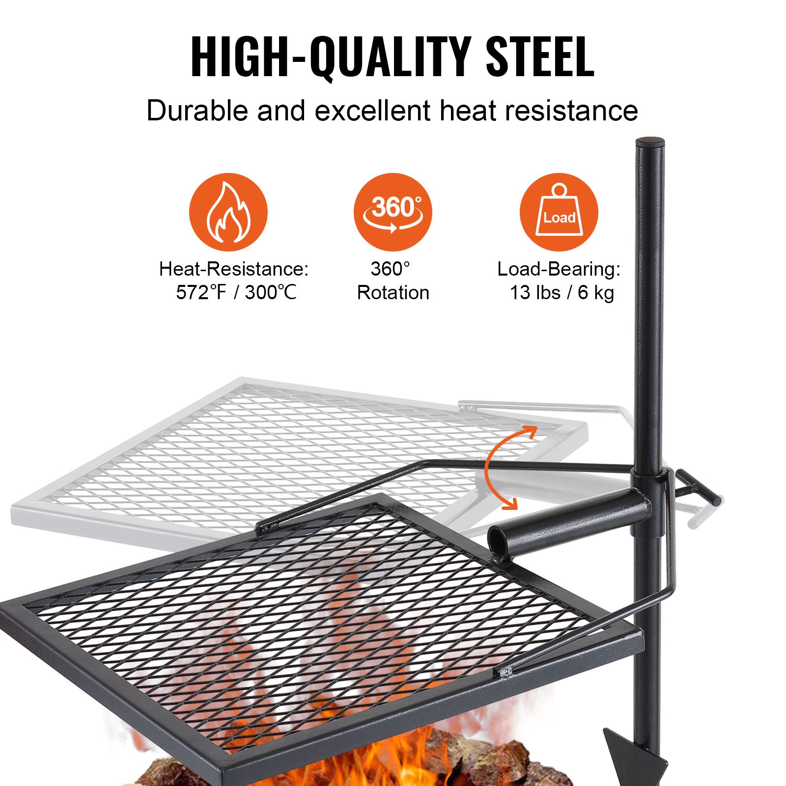 回転式キャンプファイヤーグリル、焚き火台用グリル網、頑丈なス - Camping Cooking Open Fire のレビューと価格
